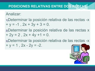 POSICIONES RELATIVAS ENTRE DOS RECTAS
Analizar:
1)Determinar la posición relativa de las rectas -x
+ y = -1 , 2x + 3y + 3 = 0.
2)Determinar la posición relativa de las rectas x
+ 2y = 2 , 2x + 4y +1 = 0.
3)Determinar la posición relativa de las rectas -x
+ y = 1 , 2x - 2y = -2.
 