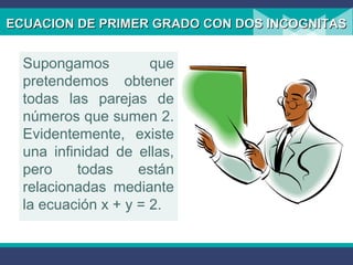 ECUACION DE PRIMER GRADO CON DOS INCOGNITASECUACION DE PRIMER GRADO CON DOS INCOGNITAS
Supongamos que
pretendemos obtener
todas las parejas de
números que sumen 2.
Evidentemente, existe
una infinidad de ellas,
pero todas están
relacionadas mediante
la ecuación x + y = 2.
 