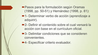 Pasos para la formulación según Oramas
(1998, pp. 50-51) y Hernández (1998, p. 81):
1- Determinar verbo de acción (aprendizaje a
adquirir).
2- Definir el contenido sobre el cual versará la
acción con base en el currículum oficial.
3- Delimitar condiciones que se consideren
convenientes.
4- Especificar criterio evaluador.
 