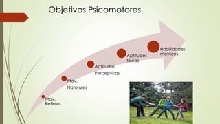 Objetivos Psicomotores
Mov.
Reflejos
Mov.
Naturales
Actitudes
Perceptivas
Aptitudes
físicas
Habilidades
motrices
 
