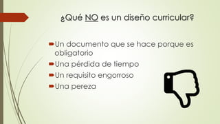 ¿Qué NO es un diseño curricular?
Un documento que se hace porque es
obligatorio
Una pérdida de tiempo
Un requisito engorroso
Una pereza
 