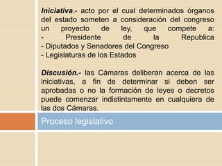 Proceso legislativo
Iniciativa.- acto por el cual determinados órganos
del estado someten a consideración del congreso
un proyecto de ley, que compete a:
- Presidente de la Republica
- Diputados y Senadores del Congreso
- Legislaturas de los Estados
Discusión.- las Cámaras deliberan acerca de las
iniciativas, a fin de determinar si deben ser
aprobadas o no la formación de leyes o decretos
puede comenzar indistintamente en cualquiera de
las dos Cámaras.
 