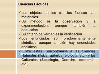 Clasificación y Características de la Ciencia
Ciencias Fácticas
Los objetos de las ciencias fácticas son
materiales
Su método es la observación y la
experimentación, aunque también la
deducción
Su criterio de verdad es la verificación
Los enunciados son predominantemente
sintéticos aunque también hay enunciados
analíticos.
 Entre estas encontramos a las Ciencias
Naturales (física, química, biología, etc.) y las
Culturales (Sociología, Derecho, economía,
etc.)
 