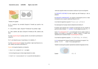 Conocimientos previos SAMAMED Álgebra Lineal LECO
Tomando otro ejemplo:
Si E = { pizarrón, tiza, borrador} (Conjunto E formado por pizarrón, tiza,
borrador)
F = { tiza, profesor, regla} (Conjunto F formado por tiza, profesor, regla)
G = { niño, cuaderno, sala, lápiz } (Conjunto G formado por niño, cuaderno, sala,
lápiz)
E y G son conjuntos disjuntos porque: pizarrón, tiza, borrador no pertenecen al
conjunto G.
E y F no son disjuntos ya que tiza pertenece a E y también a F.
F y G son conjuntos disjuntos porque: tiza, profesor, regla no pertenecen a G, y
niño, cuaderno, sala, lápiz no pertenecen a F.
Ejemplos de conjuntos disjuntos y no disjuntos:
1.- Sea A = {x / x es par} B = {x / x es impar}
A y B son disjuntos pues no tienen ningún elemento en común.
2.- Sea A = {x / x es una vocal} y B = {x / x es una letra del abecedario }
estos dos conjuntos tienen a las vocales en común por lo que no son disjuntos.
3) CONJUNTO UNITARIO Es todo conjunto que está formado por sólo un
elemento.
4) CONJUNTO SUBCONJUNTO: Un conjunto es subconjunto de otro si todos
los elementos de un conjunto también pertenecen al otro.
Si se tienen los siguientes conjuntos: P = { a, e, i, o, u } y R = { a, i }
R es subconjunto de P porque todos los elementos de R están en P.
En general, para expresar que un conjunto es subconjunto de otro conjunto se
pone entre ellos el símbolo ⊂ (inclusión). En este ejemplo se escribe: R ⊂ P
Se lee “ R es subconjunto de P” no es subconjunto de otro cuando al menos un
elemento del primero no pertenece al segundo conjunto. El símbolo que
representa (la no inclusión) la frase “no es subconjunto de“ es ⊄ .
Si se tienen los siguientes conjuntos: C = { 3, 5, 7, 9 } y H = { 3, 5, 8 }
H no es subconjunto de C porque el elemento 8 no pertenece al conjunto C. Se
escribe: H ⊄ C Se lee “ H no es subconjunto de C”
También los subconjuntos pueden representarse mediante Diagramas de Venn.
Ejemplo: S ⊂ C
3
 