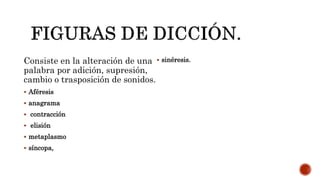 Consiste en la alteración de una
palabra por adición, supresión,
cambio o trasposición de sonidos.
 Aféresis
 anagrama
 contracción
 elisión
 metaplasmo
 síncopa,
 sinéresis.
 