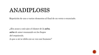Repetición de uno o varios elementos al final de un verso o enunciado.
¿Era acaso a mis ojos el clamor de la selva,
selva de amor resonando en los fuegos
del crepúsculo,
lo que a mí se dolía con su voz casi humana?
 