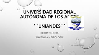 UNIVERSIDAD REGIONAL
AUTÓNOMA DE LOS ANDES
´´UNIANDES´´
DERMATOLOGÍA
ANATOMÍA Y FISIOLOGÍA
DR. LENIN GABRIEL
 