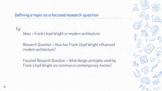 Defining a topic as a focused research question
Eg:
Ideas = Frank Lloyd Wright or modern architecture
Research Question = How has Frank Lloyd Wright influenced
modern architecture?
Focused Research Question = What design principles used by
Frank Lloyd Wright are commonin contemporary homes?
14
 