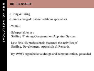 HR HISTORY
E
V
O
L
U
T
I
O
N
O
F
H
R
M
• Hiring & Firing
• Unions emerged: Labour relations specialists
• Welfare
• Subspecialties as :
Staffing /Training/Compensation/Appraisal System
• Late 70’s HR professionals mastered the activities of
Staffing, Development, Appraisals & Rewards.
• By 1980’s organizational design and communication, got added
 