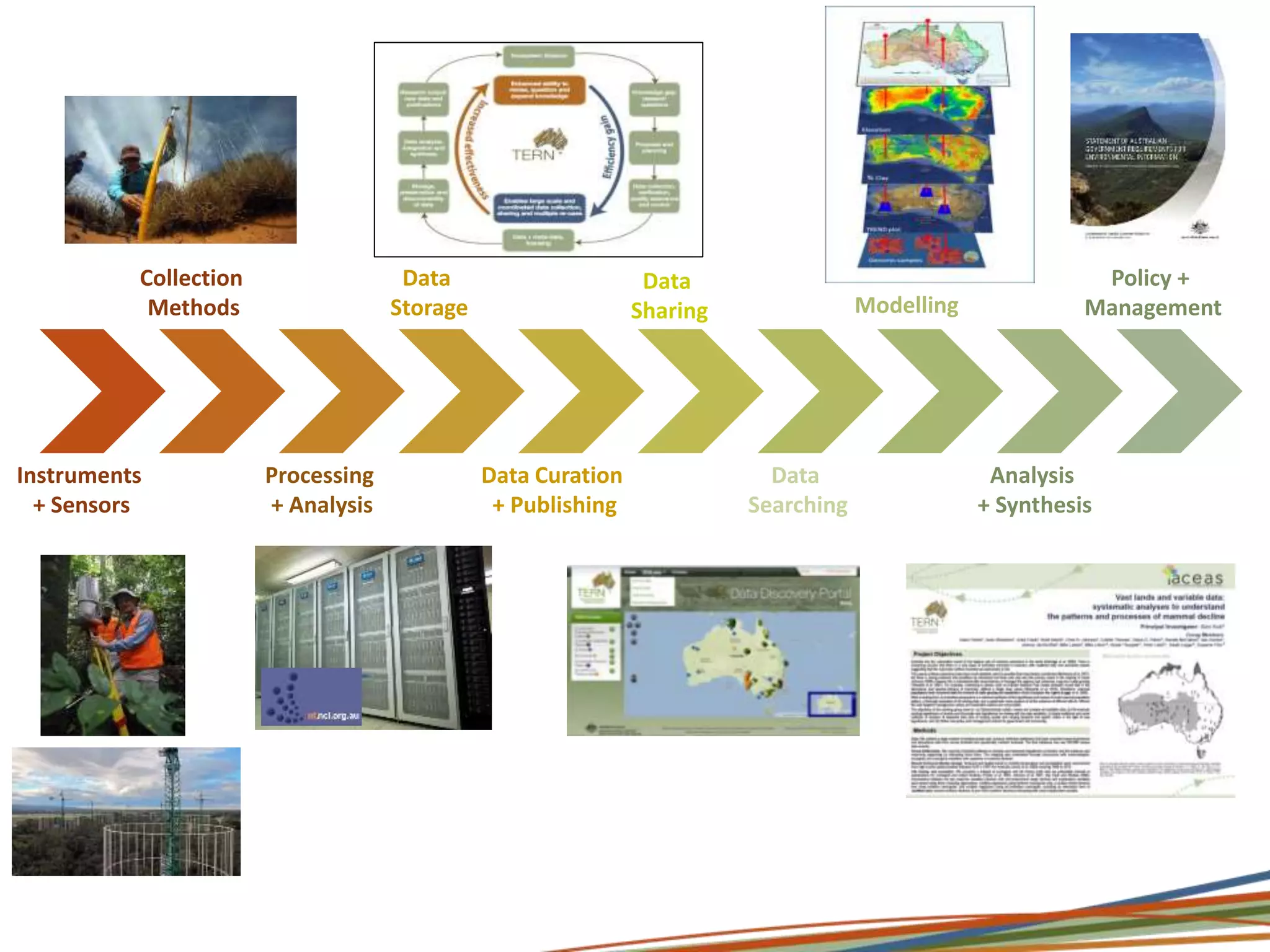 Instruments 
+ Sensors 
Policy + 
Management 
Analysis 
+ Synthesis 
Modelling 
Data 
Searching 
Data 
Sharing 
Data Curation 
+ Publishing 
Data 
Storage 
Processing 
+ Analysis 
Collection 
Methods 
 