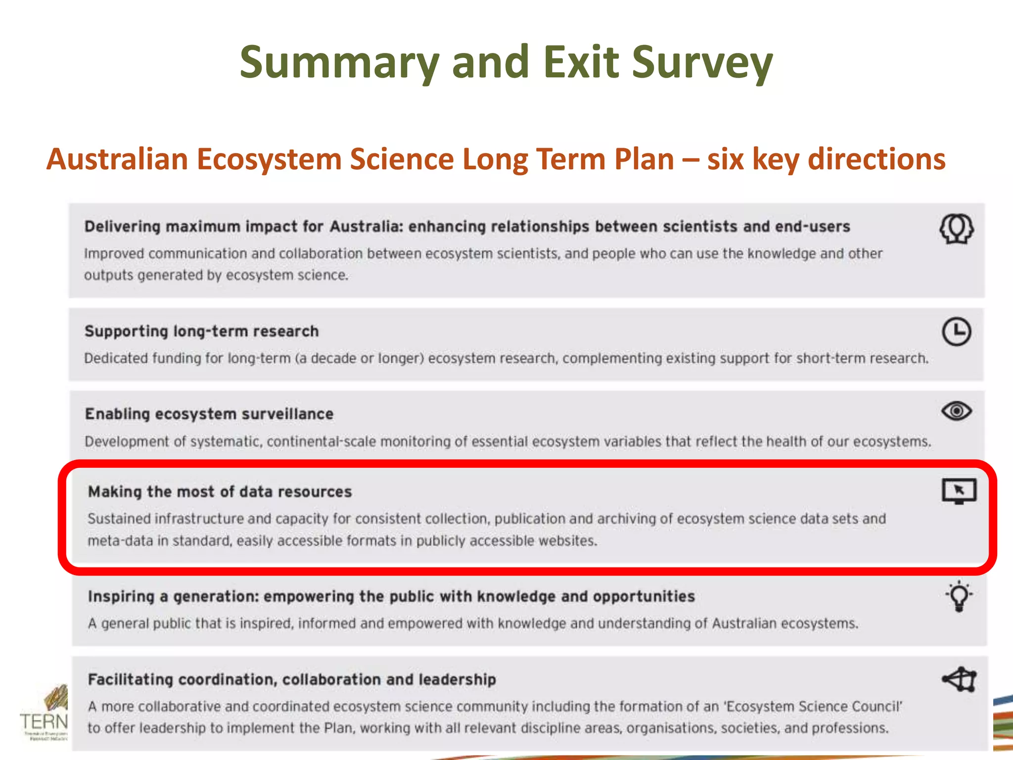 Summary and Exit Survey 
Australian Ecosystem Science Long Term Plan – six key directions 
 