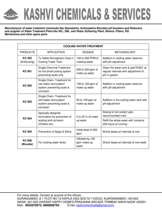 Manufacturer of water treatment chemicals like Descalants, Antiscalants Biocides pH boosters and Reducers
and supplier of Water Treatment Plant like RO., DM., and Water Softening Plant ,Resins, Filters, RO
Membranes and other spare parts

COOLING WATER TREATMENT
PRODUCTS

APPLICATION

DOSAGE

KC 202
(Antifouling)

To Settle Atmospheric Dust in
Cooling Tower Tank

100 to 200 PPM of
makeup water

Addition in cooling water reservoir
with pH adjustment

KC 601

Single Chemical Treatment
for the small cooling system
preventing scale only

200 to 300 ppm of
make-up water

Clean the water tank & add KC601 at
regular intervals with adjustment of
pH in system

KC 602

Single Chem. Treatment for
raw water recirculation
system preventing scale &
corrosion

100 to 150 ppm of
make-up water

Addition in cooling water reservoir
with pH adjustment

KC 603

Single Chem. Treatment for
soft water recirculation
system preventing scale &
corrosion

50 to 100 ppm of
make-up water

Addition in the cooling water tank with
pH adjustment

KC 604

Specially designed
formulation for prevention of
scaling and corrosion
(Chillers etc)

5 to 20 % of makeup water

KC 605

Prevention of Algae & Slime

Initial dose of 200
ppm

Shock doses at intervals of one

For cooling water tanks

followed by 100
ppm make-up
water

Shock doses at intervals of one week

KC 606
(Biocide)

METHADOLOGY

Dosing to full coolant upto
recommended mark
Refill the whole water with contents
250 hours of running

For more details, Contact at anyone of the offices:
AURANGABAD: A 1 PLOT NO 12 KAPILA HSG SOC N-7 CIDCO, AUARANGABAD –431003
NASIK: 301/305 VIKRANT HAPPY HOMES PRASANNA ARCADE TRIMBAK NAKA NASIK 422001.
Mob: 9923878975, 8888868765
Email: kashvichemicals@gmail.com.

 