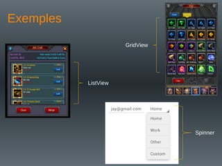 Exemples
ListView
GridView
Spinner
 