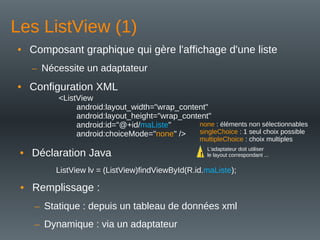 Les ListView (1)
• Composant graphique qui gère l'affichage d'une liste
– Nécessite un adaptateur
• Configuration XML
<ListView
android:layout_width="wrap_content"
android:layout_height="wrap_content"
android:id="@+id/maListe"
android:choiceMode="none" />
none : éléments non sélectionnables
singleChoice : 1 seul choix possible
multipleChoice : choix multiples
• Déclaration Java
ListView lv = (ListView)findViewById(R.id.maListe);
• Remplissage :
– Statique : depuis un tableau de données xml
– Dynamique : via un adaptateur
!
L'adaptateur doit utiliser
le layout correspondant ...
 