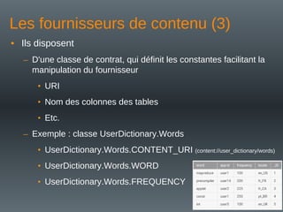 Les fournisseurs de contenu (3)
• Ils disposent
– D'une classe de contrat, qui définit les constantes facilitant la
manipulation du fournisseur
• URI
• Nom des colonnes des tables
• Etc.
– Exemple : classe UserDictionary.Words
• UserDictionary.Words.CONTENT_URI (content://user_dictionary/words)
• UserDictionary.Words.WORD
• UserDictionary.Words.FREQUENCY
 