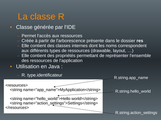 La classe R
• Classe générée par l'IDE
– Permet l'accès aux ressources
– Créée à partir de l'arborescence présente dans le dossier res
– Elle contient des classes internes dont les noms correspondent
aux différents types de ressources (drawable, layout, …)
– Elle contient des propriétés permettant de représenter l'ensemble
des ressources de l'application
• Utilisation en Java :
– R. type.identificateur
<resources>
<string name="app_name">MyApplication</string>
<string name="hello_world">Hello world!</string>
<string name="action_settings">Settings</string>
</resources>
R.string.app_name
R.string.hello_world
R.string.action_settings
 