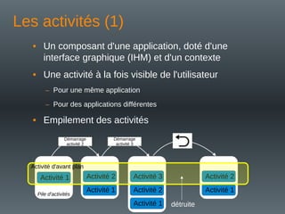 Les activités (1)
• Un composant d'une application, doté d'une
interface graphique (IHM) et d'un contexte
• Une activité à la fois visible de l'utilisateur
– Pour une même application
– Pour des applications différentes
• Empilement des activités
Activité 1
Pile d'activités
Activité 1
Activité 2
Activité 1
Activité 2
Activité 3
Activité 1
Activité 2
Activité d'avant plan
Démarrage
activité 2
Démarrage
activité 3
détruite
 