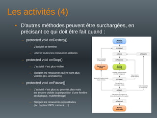 Les activités (4)
• D'autres méthodes peuvent être surchargées, en
précisant ce qui doit être fait quand :
– protected void onDestroy()
– L'activité se termine
– Libérer toutes les ressources utilisées
– protected void onStop()
– L’activité n’est plus visible
– Stopper les ressources qui ne sont plus
visibles (ex. animations)
– protected void onPause()
– L’activité n’est plus au premier plan mais
est encore visible (superposition d’une fenêtre
de dialogue, multifenêtrage)
– Stopper les ressources non utilisées
(ex. capteur GPS, camera, …)
 