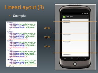 LinearLayout (3)
• Exemple
20 %
40 %
40 %
 