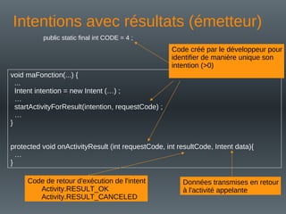 Intentions avec résultats (émetteur)
void maFonction(...) {
...
Intent intention = new Intent (…) ;
…
startActivityForResult(intention, requestCode) ;
…
}
protected void onActivityResult (int requestCode, int resultCode, Intent data){
…
}
Code créé par le développeur pour
identifier de manière unique son
intention (>0)
public static final int CODE = 4 ;
Code de retour d'exécution de l'intent
Activity.RESULT_OK
Activity.RESULT_CANCELED
Données transmises en retour
à l'activité appelante
 