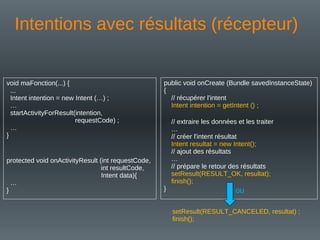 Intentions avec résultats (récepteur)
void maFonction(...) {
...
Intent intention = new Intent (…) ;
…
startActivityForResult(intention,
requestCode) ;
…
}
protected void onActivityResult (int requestCode,
int resultCode,
Intent data){
…
}
public void onCreate (Bundle savedInstanceState)
{
// récupérer l'intent
Intent intention = getIntent () ;
// extraire les données et les traiter
…
// créer l'intent résultat
Intent resultat = new Intent();
// ajout des résultats
…
// prépare le retour des résultats
setResult(RESULT_OK, resultat);
finish();
}
setResult(RESULT_CANCELED, resultat) ;
finish();
ou
 