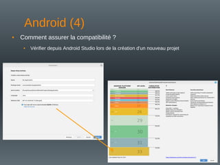 Android (4)
• Comment assurer la compatibilité ?
• Vérifier depuis Android Studio lors de la création d'un nouveau projet
 