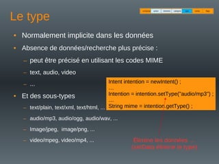 Le type
• Normalement implicite dans les données
• Absence de données/recherche plus précise :
– peut être précisé en utilisant les codes MIME
– text, audio, video
– ...
• Et des sous-types
– text/plain, text/xml, text/html, ...
– audio/mp3, audio/ogg, audio/wav, ...
– Image/jpeg, image/png, ...
– video/mpeg, video/mp4, ...
Intent intention = newIntent() ;
…
Intention = intention.setType("audio/mp3") ;
…
String mime = intention.getType() ;
Élimine les données …
(setData élimine le type)
composant action catégorie
données type extras flags
 