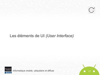 Les éléments de UI (User Interface)

Informatique mobile, ubiquitaire et diffuse

17

 