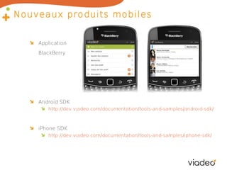 Nouveaux produits mobiles
Application
BlackBerry

Android SDK
http://dev.viadeo.com/documentation/tools-and-samples/android-sdk/

iPhone SDK
http://dev.viadeo.com/documentation/tools-and-samples/iphone-sdk/

 