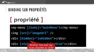 BINDING SUR PROPRIÉTÉS
[ propriété ]
<my-menu [items]="mainMenu"></my-menu>
<img [src]="imageUrl" />
<div [hidden]="isHidden"></div>
<div [style.width.px]="mySize"></div>Binding “one way” sur
toute propriété du DOM
 
