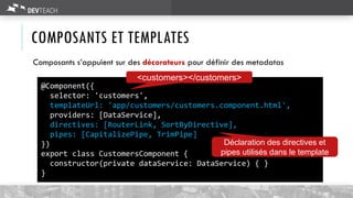 COMPOSANTS ET TEMPLATES
Composants s’appuient sur des décorateurs pour définir des metadatas
@Component({
selector: 'customers',
templateUrl: 'app/customers/customers.component.html',
providers: [DataService],
directives: [RouterLink, SortByDirective],
pipes: [CapitalizePipe, TrimPipe]
})
export class CustomersComponent {
constructor(private dataService: DataService) { }
}
<customers></customers>
Déclaration des directives et
pipes utilisés dans le template
 