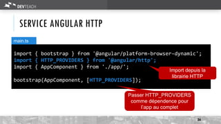 SERVICE ANGULAR HTTP
36
import { bootstrap } from '@angular/platform-browser-dynamic';
import { HTTP_PROVIDERS } from '@angular/http';
import { AppComponent } from './app/';
bootstrap(AppComponent, [HTTP_PROVIDERS]);
Import depuis la
librairie HTTP
main.ts
Passer HTTP_PROVIDERS
comme dépendence pour
l’app au complet
 