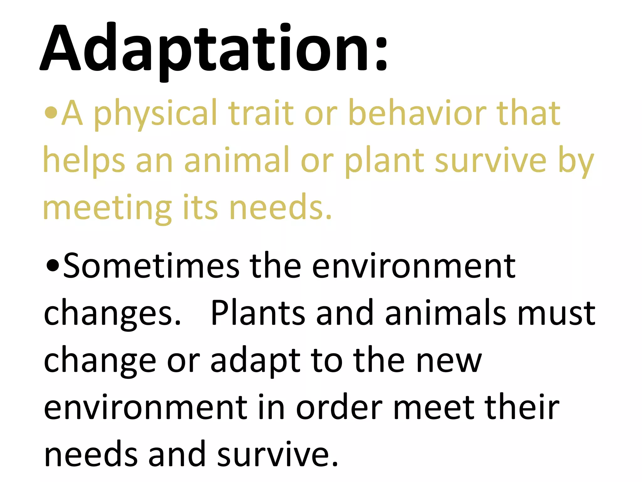 Adaptation:
•A physical trait or behavior that
helps an animal or plant survive by
meeting its needs.
•Sometimes the environment
changes. Plants and animals must
change or adapt to the new
environment in order meet their
needs and survive.
 