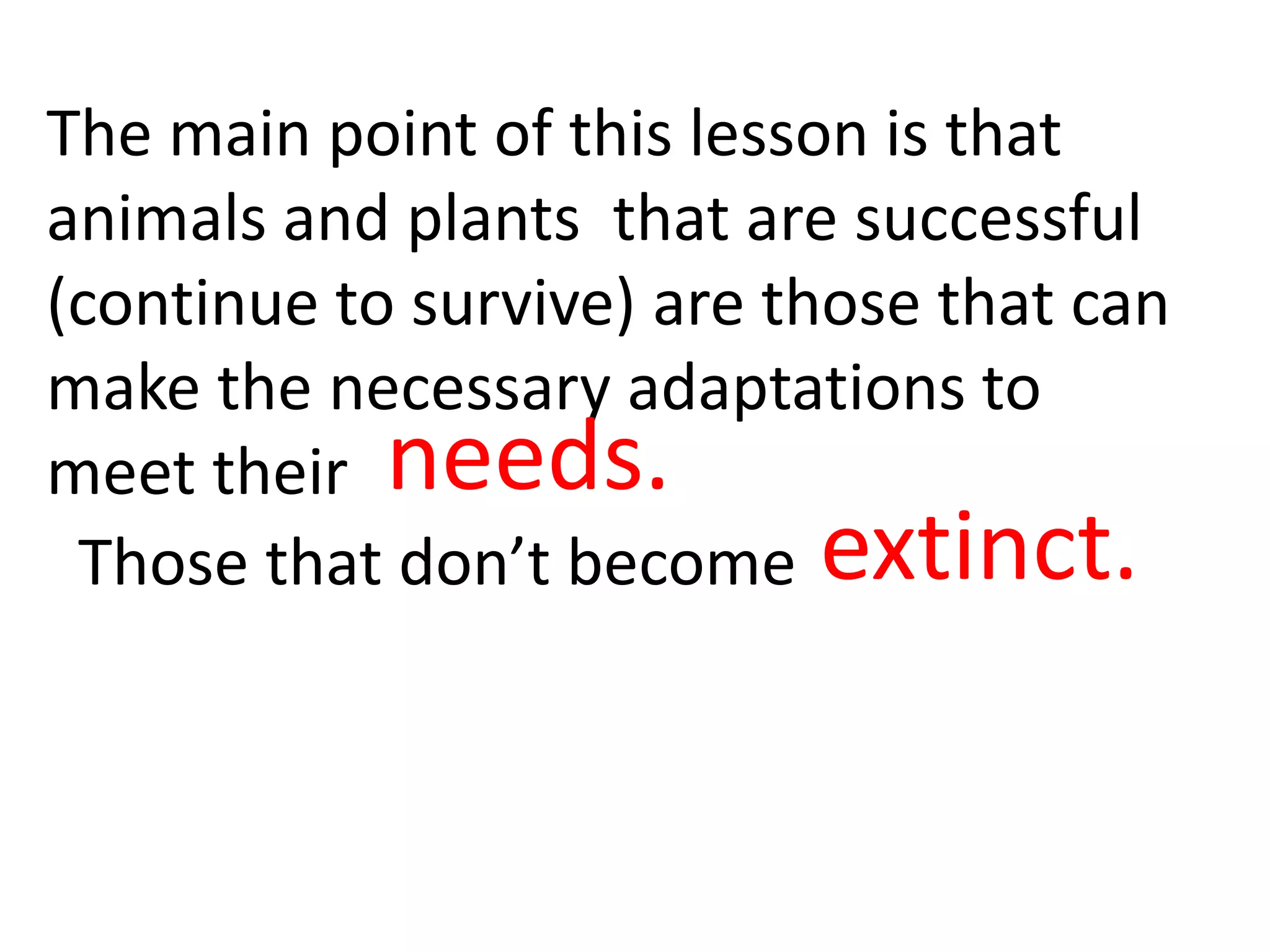 The main point of this lesson is that
animals and plants that are successful
(continue to survive) are those that can
make the necessary adaptations to
meet their needs.
Those that don’t become extinct.
 