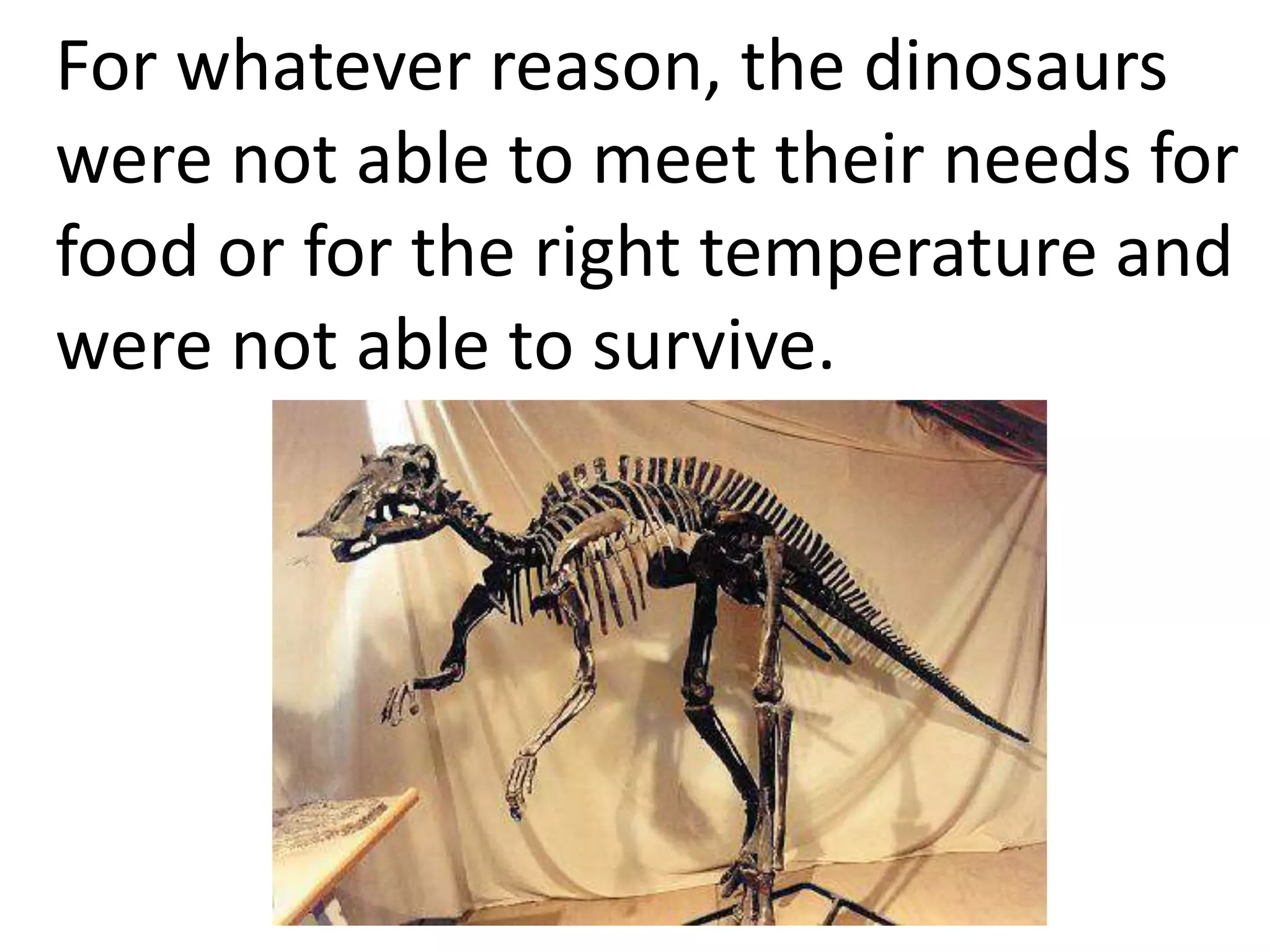 For whatever reason, the dinosaurs
were not able to meet their needs for
food or for the right temperature and
were not able to survive.
 