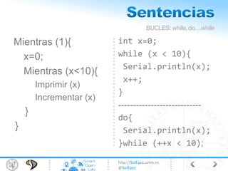 http://SolEpcc.unex.es
@SolEpcc
Mientras (1){
x=0;
Mientras (x<10){
Imprimir (x)
Incrementar (x)
}
}
int x=0;
while (x < 10){
Serial.println(x);
x++;
}
----------------------------
do{
Serial.println(x);
}while (++x < 10);
BUCLES:while,do…while
 