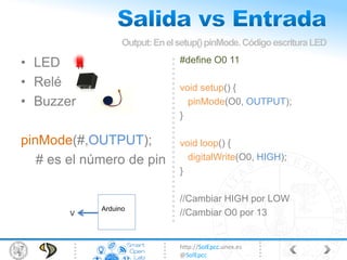 http://SolEpcc.unex.es
@SolEpcc
• LED
• Relé
• Buzzer
pinMode(#,OUTPUT);
# es el número de pin
#define O0 11
void setup() {
pinMode(O0, OUTPUT);
}
void loop() {
digitalWrite(O0, HIGH);
}
//Cambiar HIGH por LOW
//Cambiar O0 por 13
Output:Enelsetup()pinMode.CódigoescrituraLED
Arduino
V
 