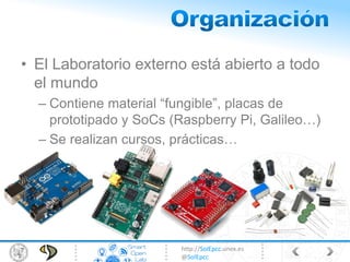 http://SolEpcc.unex.es
@SolEpcc
• El Laboratorio externo está abierto a todo
el mundo
– Contiene material “fungible”, placas de
prototipado y SoCs (Raspberry Pi, Galileo…)
– Se realizan cursos, prácticas…
 