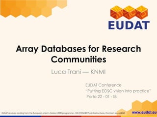 www.eudat.euEUDAT receives funding from the European Union's Horizon 2020 programme - DG CONNECT e-Infrastructures. Contract No. 654065
Array Databases for Research
Communities
Luca Trani — KNMI
EUDAT Conference
“Putting EOSC vision into practice”
Porto 22 - 01 -18
 