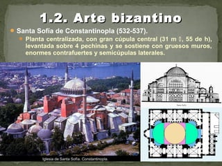 Santa Sofía de Constantinopla (532-537).
 Planta centralizada, con gran cúpula central (31 m , 55 de h),
levantada sobre 4 pechinas y se sostiene con gruesos muros,
enormes contrafuertes y semicúpulas laterales.
1.2. Arte bizantino1.2. Arte bizantino
 
