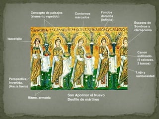 San Apolinar el Nuevo
Desfile de mártires
Canon
estilizado.
(9 cabezas.
3 torsos)
Perspectiva
Invertida.
(Hacia fuera)
Contornos
marcados
Fondos
dorados
(infinito)
Isocefalia
Concepto de paisajes
(elemento repetido)
Lujo y
suntuosidad
Escasez de
Sombras y
claroscuros
Ritmo, armonía
 