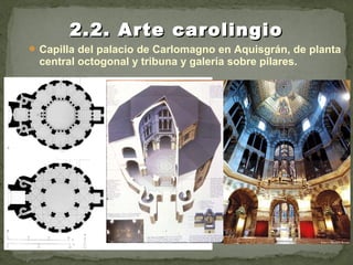  Capilla del palacio de Carlomagno en Aquisgrán, de planta
central octogonal y tribuna y galería sobre pilares.
2.2. Arte carolingio2.2. Arte carolingio
 