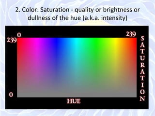 2. Color: Saturation - quality or brightness or dullness of the hue (a.k.a. intensity)