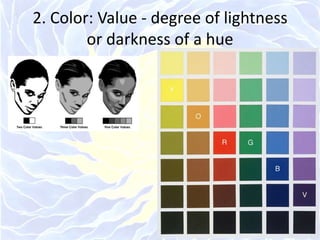 2. Color: Value - degree of lightness or darkness of a hue