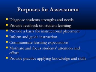 Purposes for AssessmentPurposes for Assessment
 Diagnose students strengths and needsDiagnose students strengths and needs
 Provide feedback on student learningProvide feedback on student learning
 Provide a basis for instructional placementProvide a basis for instructional placement
 Inform and guide instructionInform and guide instruction
 Communicate learning expectationsCommunicate learning expectations
 Motivate and focus students’ attention andMotivate and focus students’ attention and
efforteffort
 Provide practice applying knowledge and skillsProvide practice applying knowledge and skills
 