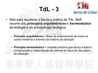 TdL - 3
• Mas para equilibrar a teoria e prática da TdL, Boff
recorre aos princípios arquitetônicos e hermenêutico
da teologia e da antropologia teológica.
– Princípio arquitetônico = Base de ordenamento de todos os
outros mistérios e eventos da história da salvação
– Princípio hermenêutico = verdade primária que dá luz a toda a
compreensão e interpretação da palavra de Deus em seu plano
da salvação.
 