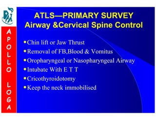 ATLS—PRIMARY SURVEY 
Airway Cervical Spine Control 
•Chin lift or Jaw Thrust 
•Removal of FB,Blood  Vomitus 
•Oropharyngeal or Nasopharyngeal Airway 
•Intubate With E T T 
•Cricothyroidotomy 
•Keep the neck immobilised 
A 
P 
O 
L 
L 
O 
L 
O 
G 
A 
 