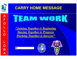 CARRY HOME MESSAGE 
“Joining Together is Beginning 
Staying Together is Progress 
Working Together is Success” 
A 
P 
O 
L 
L 
O 
L 
O 
G 
A 
 