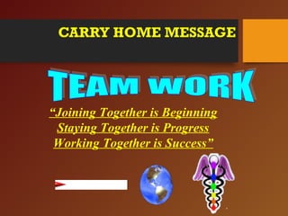 CARRY HOME MESSAGE
“Joining Together is Beginning
Staying Together is Progress
Working Together is Success”
 
