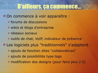 D'ailleurs, ça commence... On commence à voir apparaître : forums de discussions wikis et blogs d'entreprise réseaux sociaux outils de chat, VoIP, indicateur de présence Les logiciels plus "traditionnels" s'adaptent : ajouts de fonction dites "collaboratives" ajouts de possibilités type tags modification des designs (pour faire plus 2.0) 